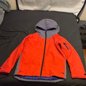 Men’s Orange with black and white stripe Ski Jacket with hood.